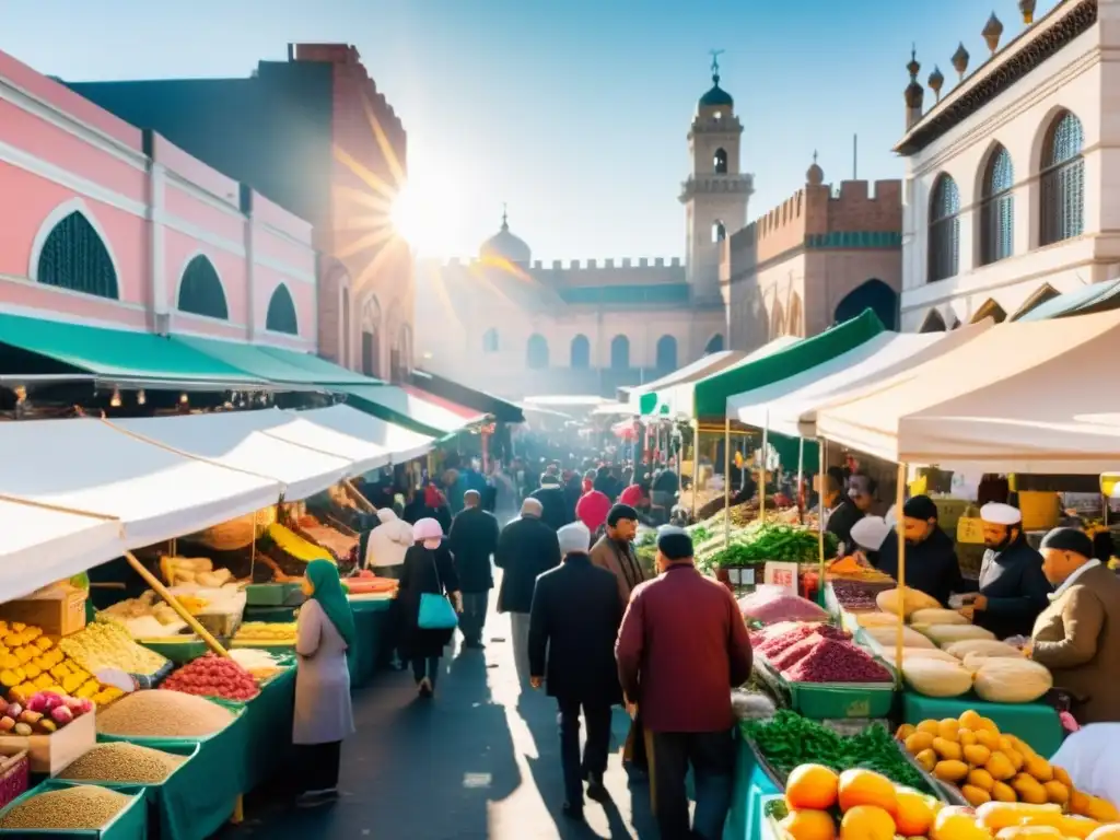 Un mercado bullicioso en una ciudad vibrante, con puestos de comida Halal y una multitud animada