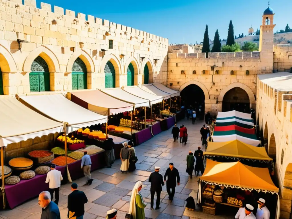 Mercado bullicioso en la Ciudad Vieja de Jerusalén, con colores, especias y artesanías