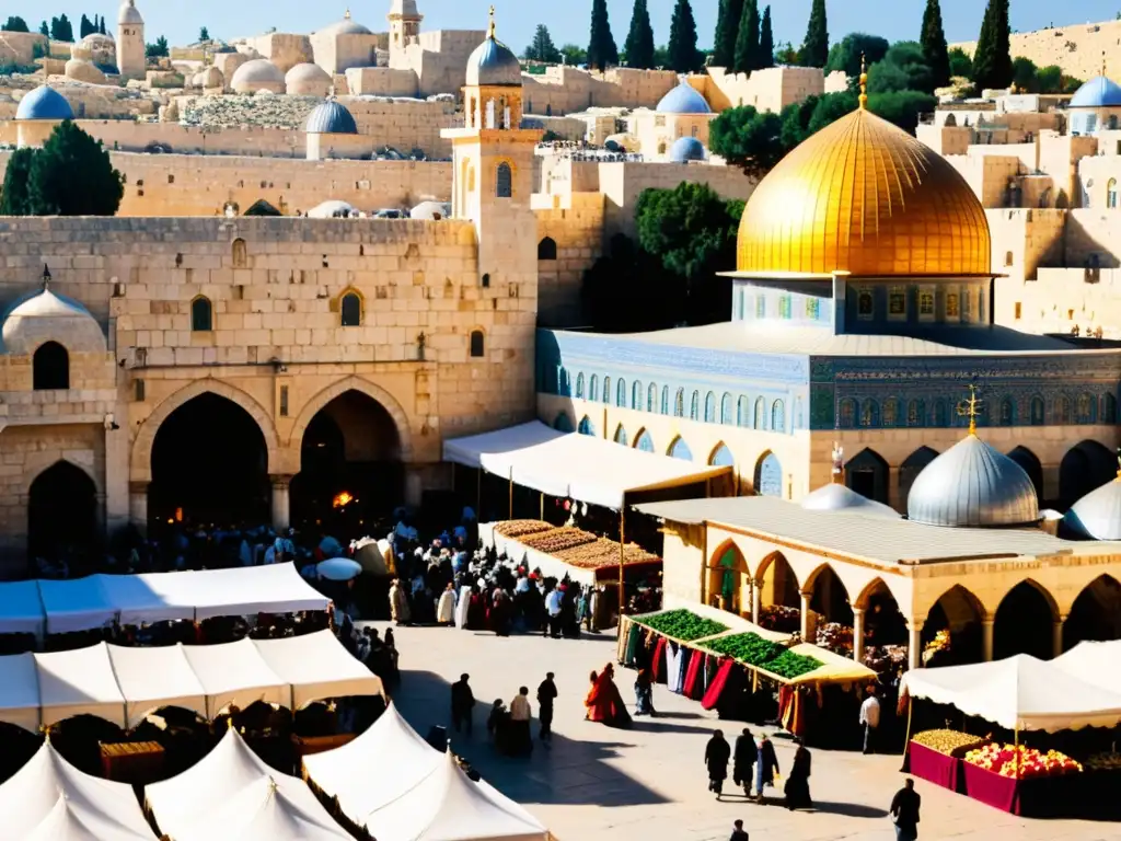 Mercado bullicioso en la Ciudad Vieja de Jerusalén, donde convergen fronteras religiosas y culturales