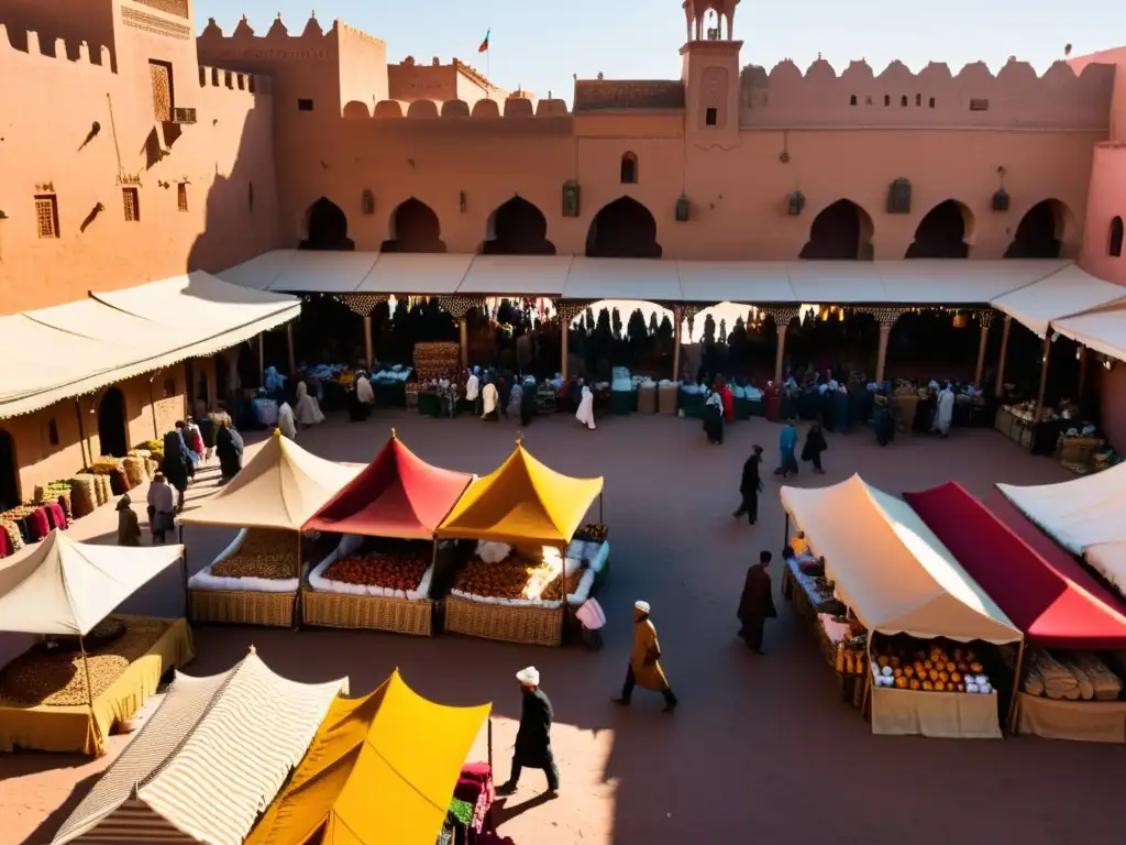 Mercado bullicioso en Marrakech, Marruecos, con colores vibrantes y la mezcla de locales y turistas entre la arquitectura tradicional