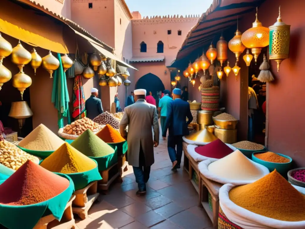 Mercado bullicioso en Marrakech, Marruecos, con colores vibrantes y patrones intrincados