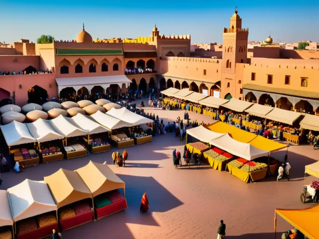 Mercado bullicioso en Marrakech, Marruecos, con colores vibrantes y arquitectura intricada