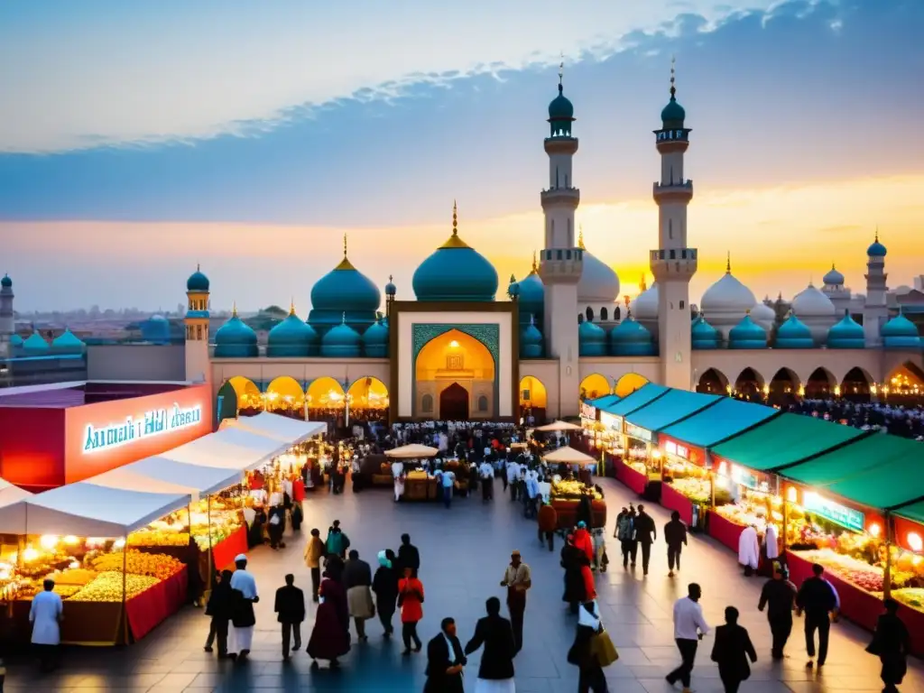 Un mercado bullicioso de colores vibrantes, comida halal y turistas inmersos en la cultura islámica