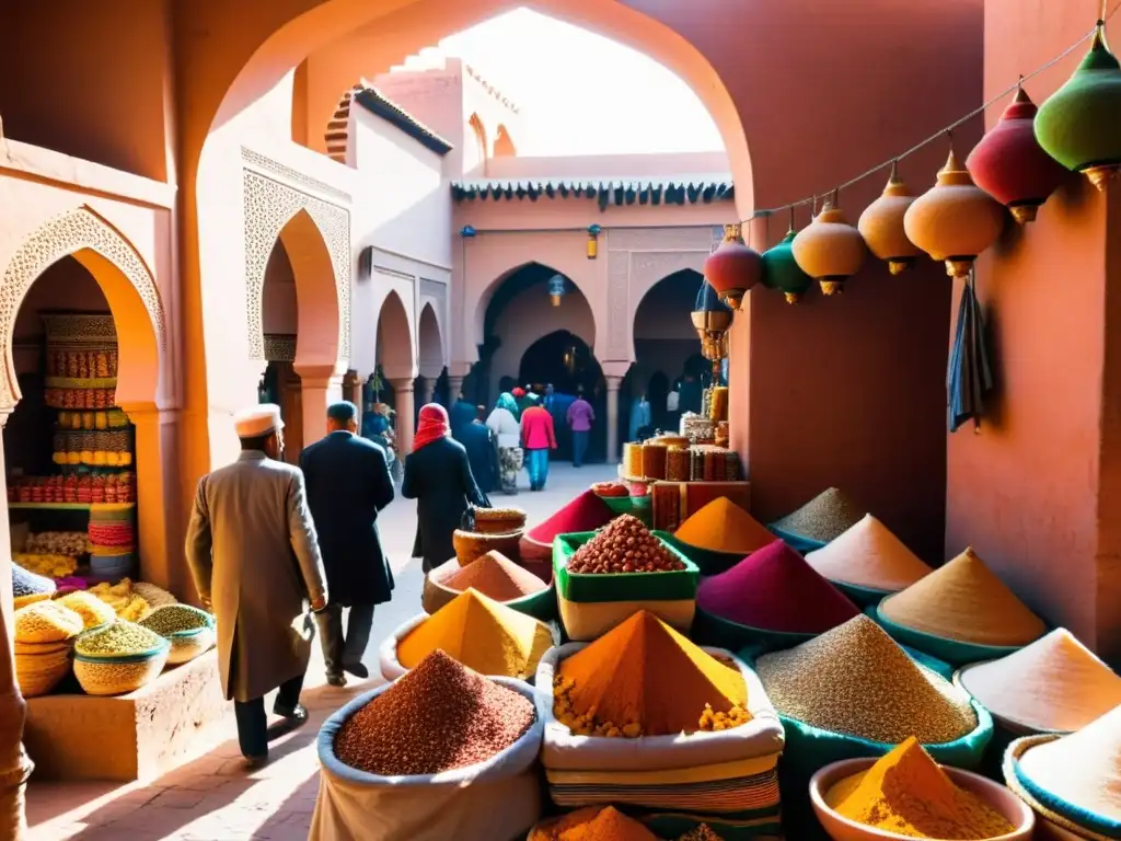 Un mercado bullicioso en Marrakech, Marruecos, con colores vibrantes y texturas