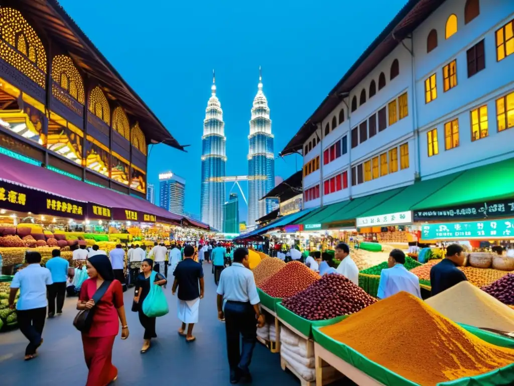 Un mercado bullicioso en Kuala Lumpur, Malasia, con colores vibrantes y una variedad diversa de productos en exhibición