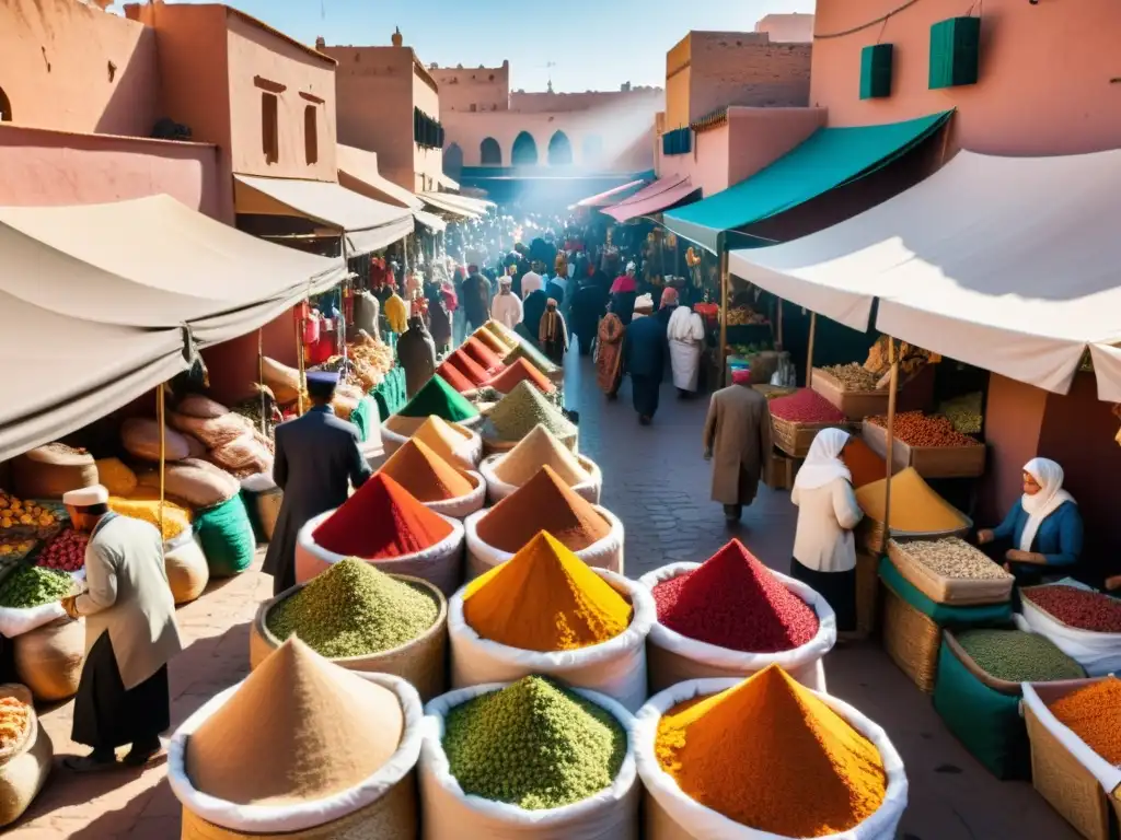 Mercado bullicioso en Marrakech, Marruecos, con colores vibrantes y tradiciones culinarias halal