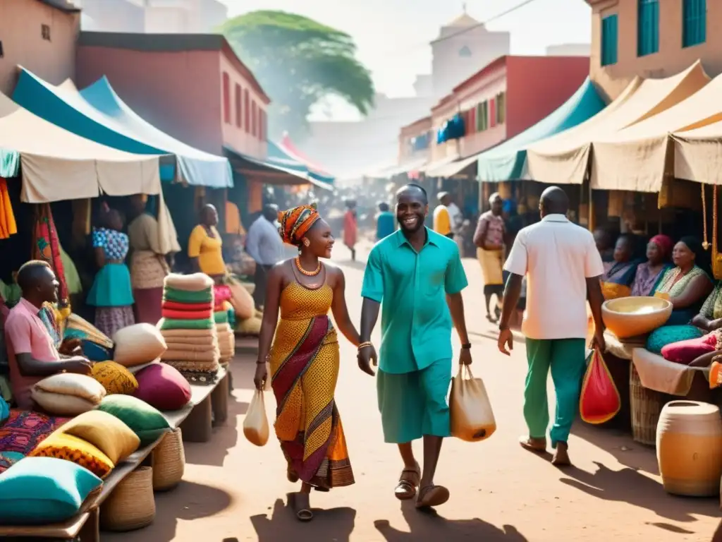 Un mercado bullicioso y colorido en una ciudad africana, con textiles y productos en exhibición, gente conversando animadamente, y el sol irradiando una cálida luz sobre la escena, creando una sensación de comunidad y riqueza cultural