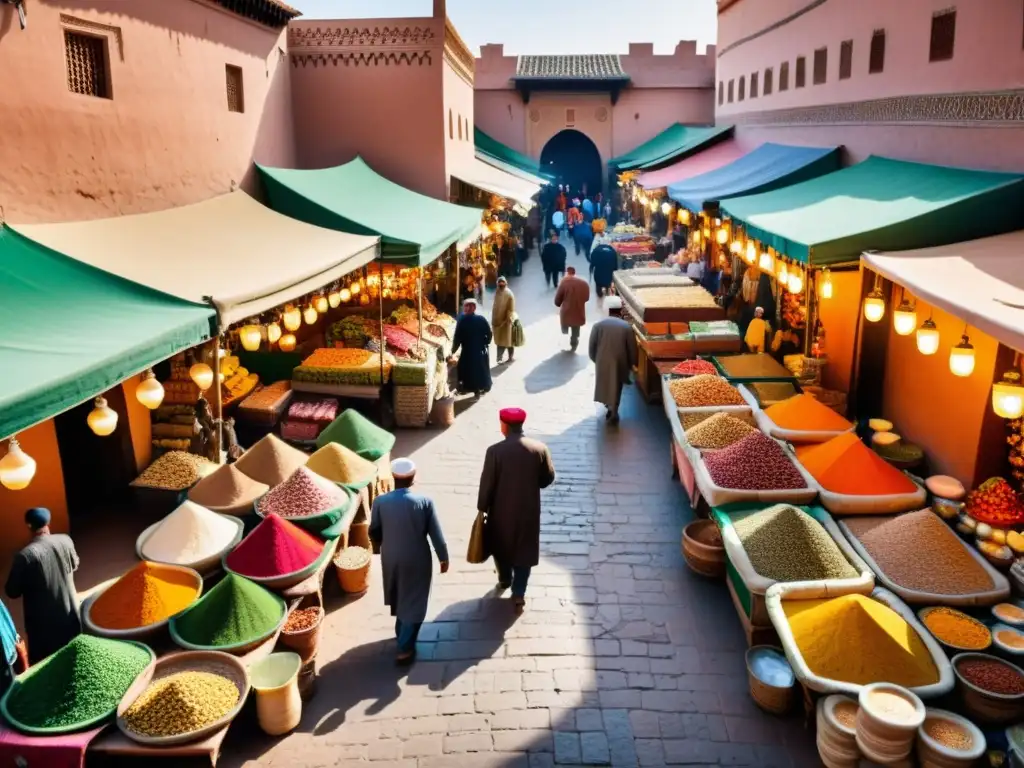 Un mercado bullicioso de Marrakech, Marruecos, con coloridos puestos de textiles, especias y cerámica