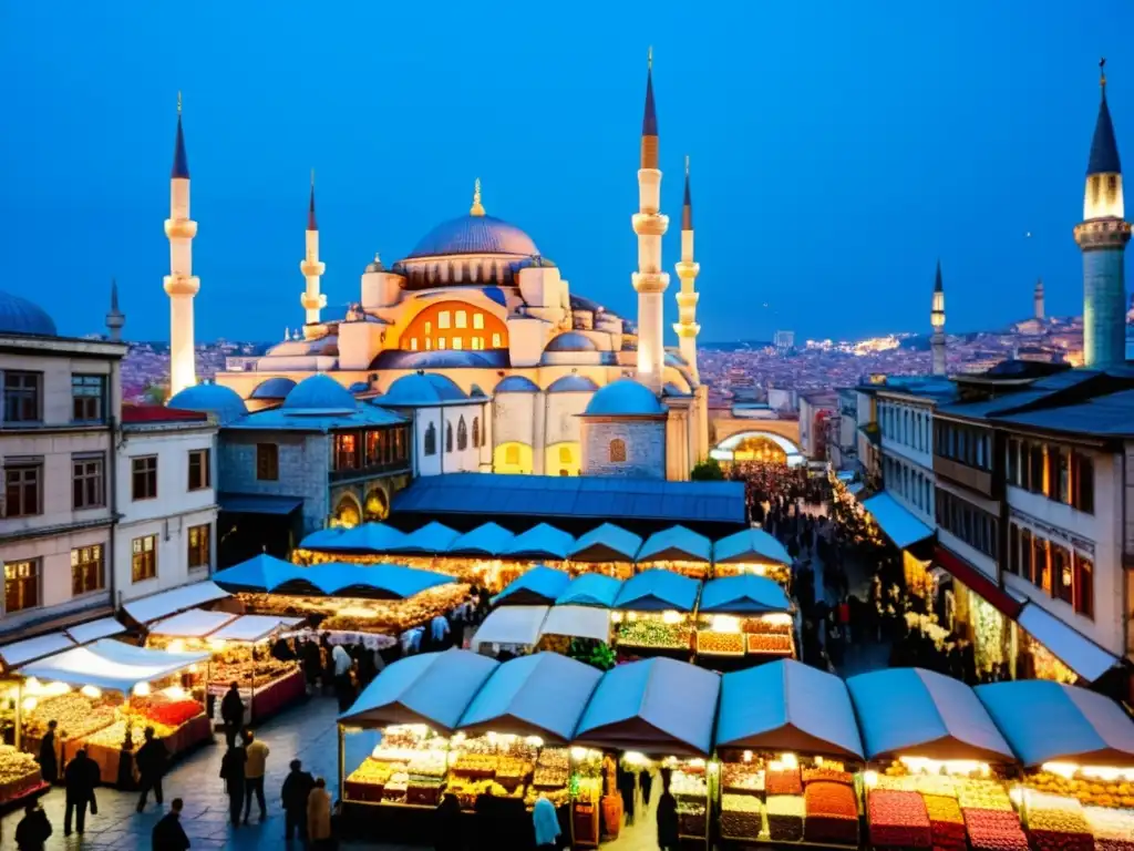 Mercado bullicioso en Estambul, Turquía, con comerciantes y clientes regateando textiles, especias y cerámica