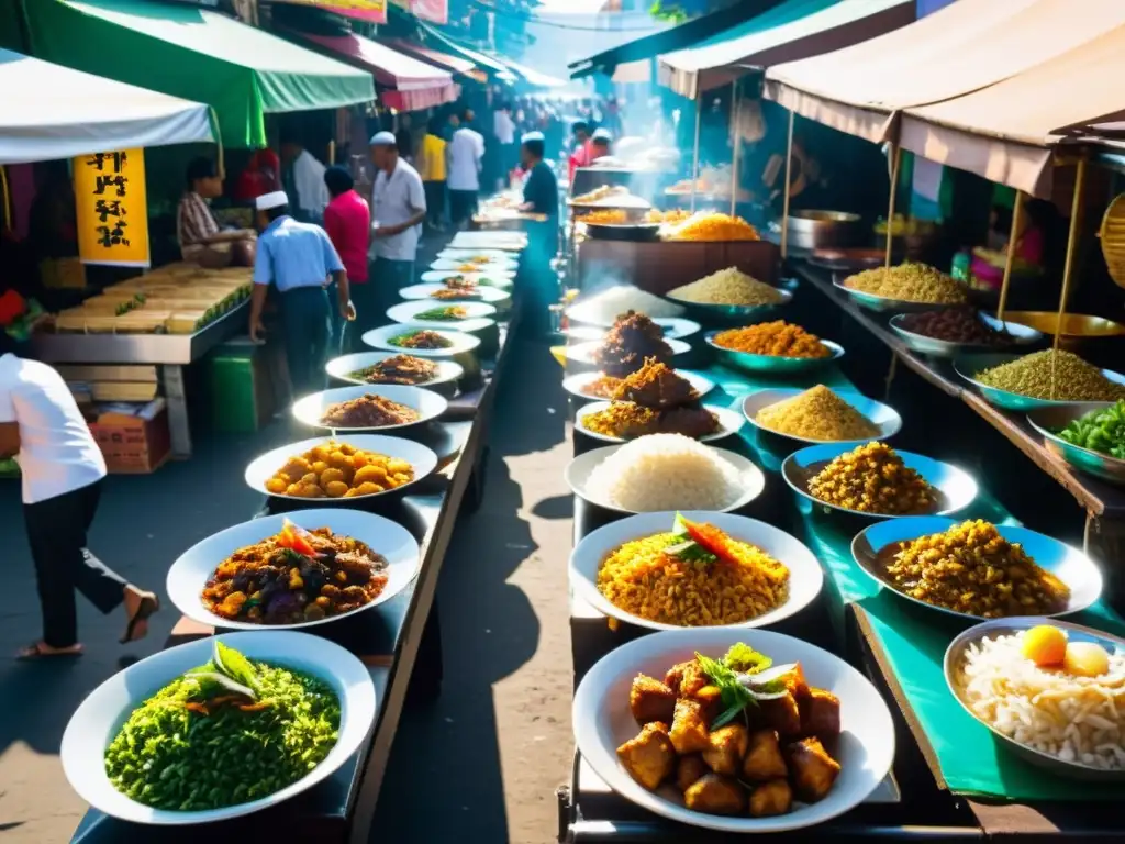 Un mercado bullicioso de comida callejera en Indonesia, con puestos coloridos y una variedad de platos halal