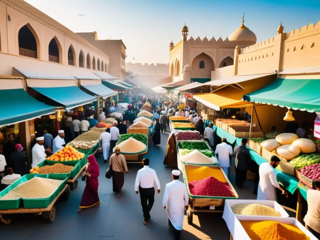 Un mercado bullicioso de comida Halal en una vibrante ciudad del Medio Oriente