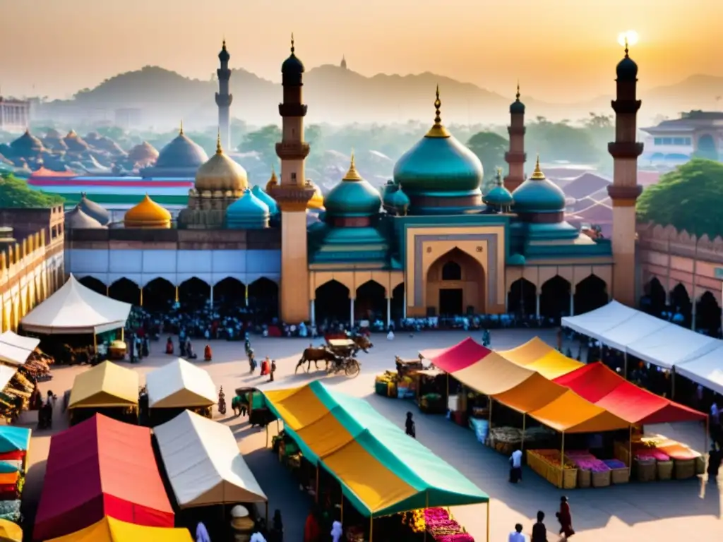 Mercado bullicioso con convivencia religiosa en el mundo islámico en una ciudad del sudeste asiático, con puestos coloridos y gente diversa