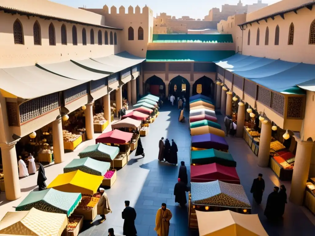 Mercado bullicioso en el corazón del Califato Islámico, con edificios adornados con mosaicos coloridos