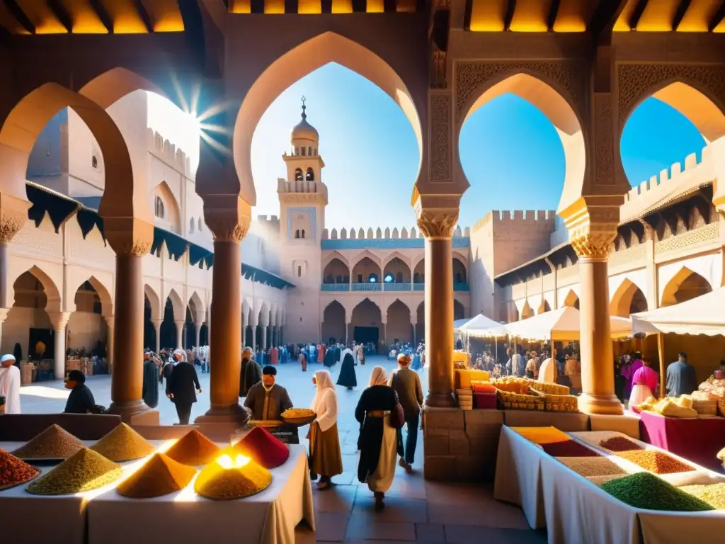 Un mercado bullicioso en el corazón de una ciudad medieval islámica, con arquitectura detallada, textiles vibrantes y gente diversa