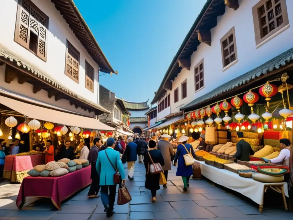 Un mercado bullicioso en el corazón de una ciudad histórica, reflejando influencias culturales entre musulmanes y cruzados