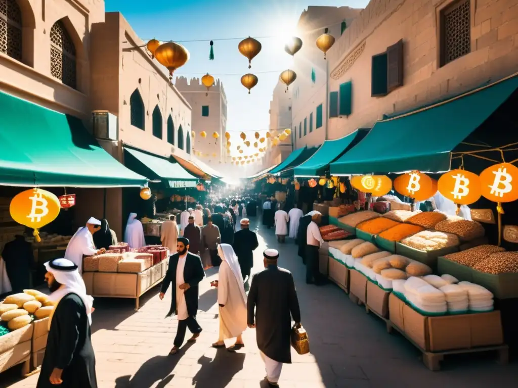 Mercado bullicioso con criptomonedas en una ciudad del Medio Oriente, fusionando principios Sharia con lo moderno