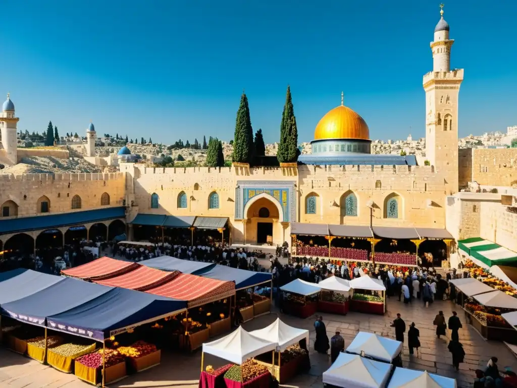 Mercado bullicioso en la Jerusalén de las Cruzadas, con textiles vibrantes y especias bajo toldos coloridos