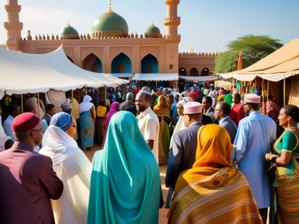 Mercado bullicioso en una diáspora somalí, con colores vibrantes, patrones intrincados y diversidad de personas