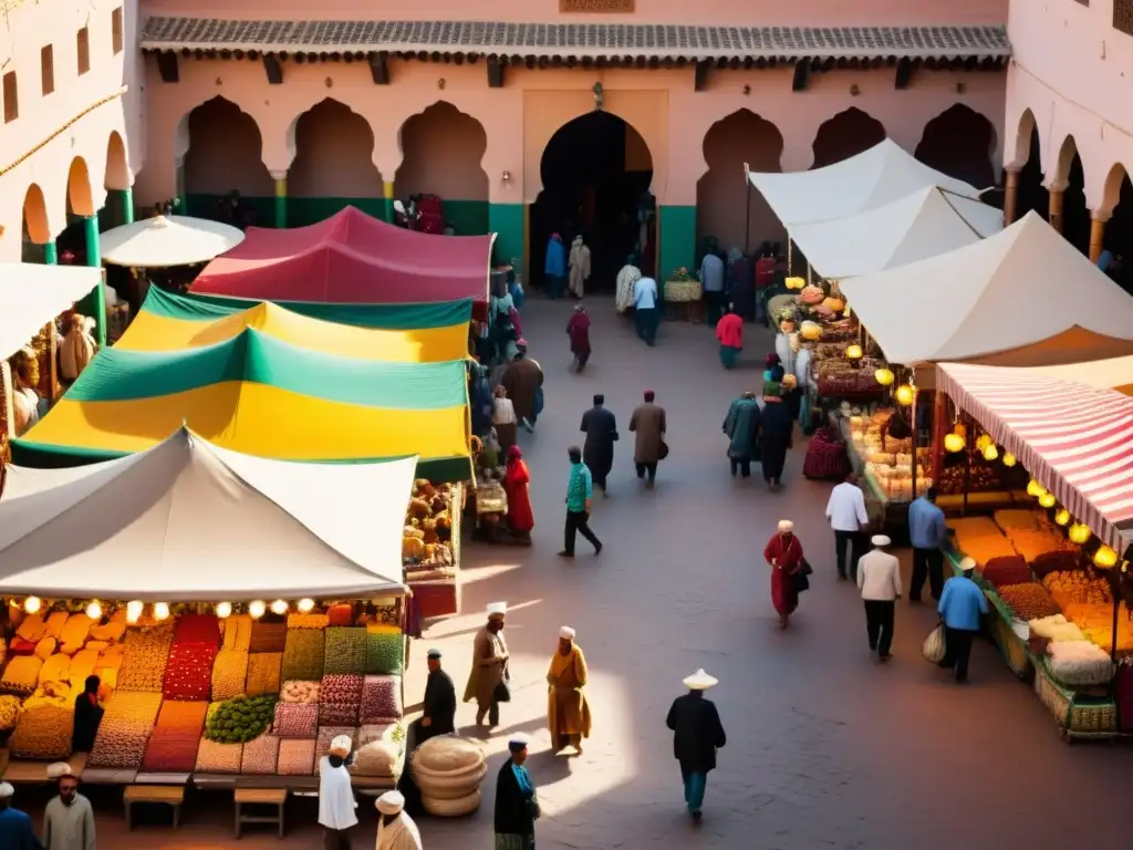 Un mercado bullicioso en Marrakech, Marruecos, con diversidad cultural en el Islam, colores vibrantes y una atmósfera animada