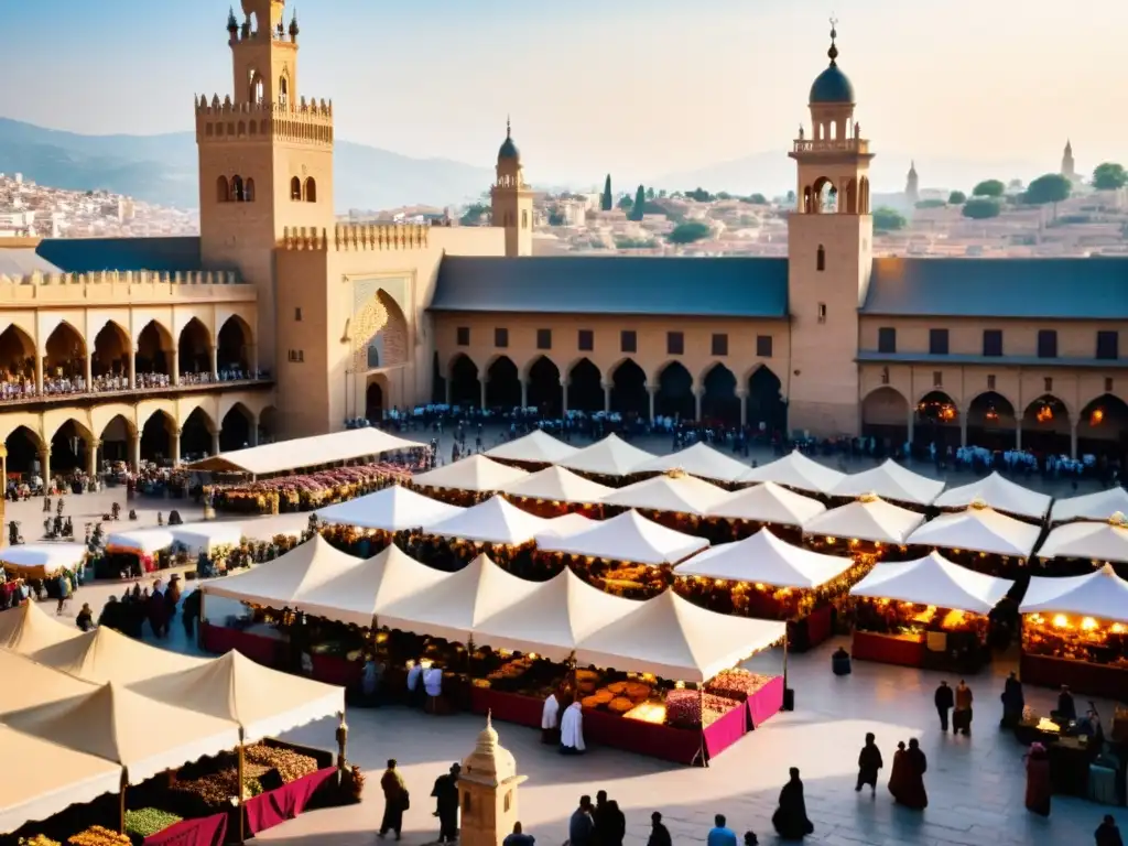 Mercado bullicioso bajo el dominio islámico en la España medieval, con mezcla cultural y arquitectura árabe