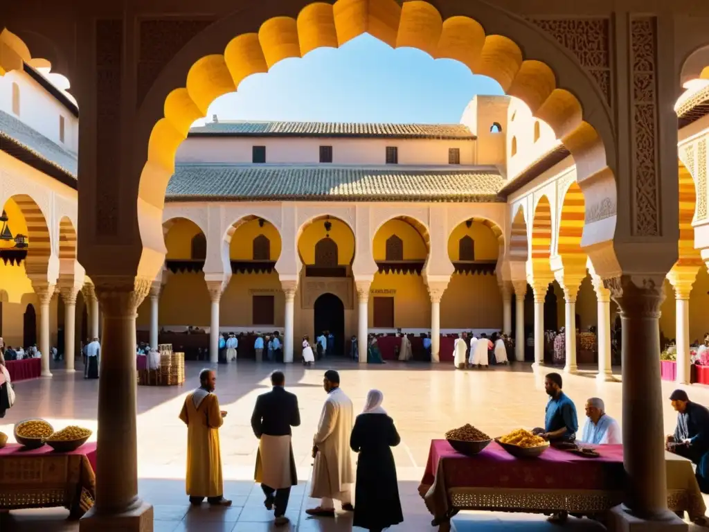 Mercado bullicioso en Córdoba durante la Edad de Oro Islámica, con arquitectura detallada y una animada multitud de comerciantes y estudiosos