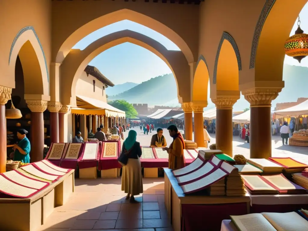 Mercado bullicioso en Samarcanda, con edificios decorados y arcos ornamentados