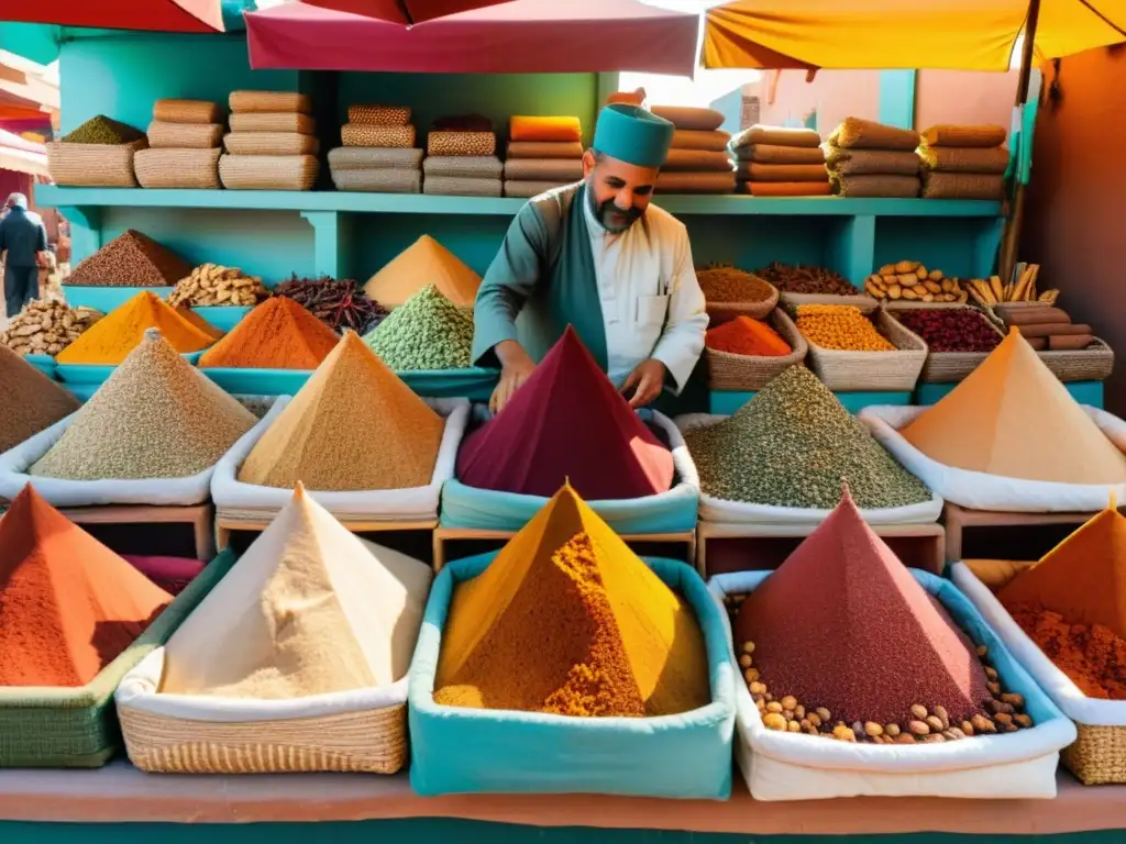 Mercado bullicioso en Marrakech, Marruecos, con especias coloridas y frutas secas meticulosamente dispuestas