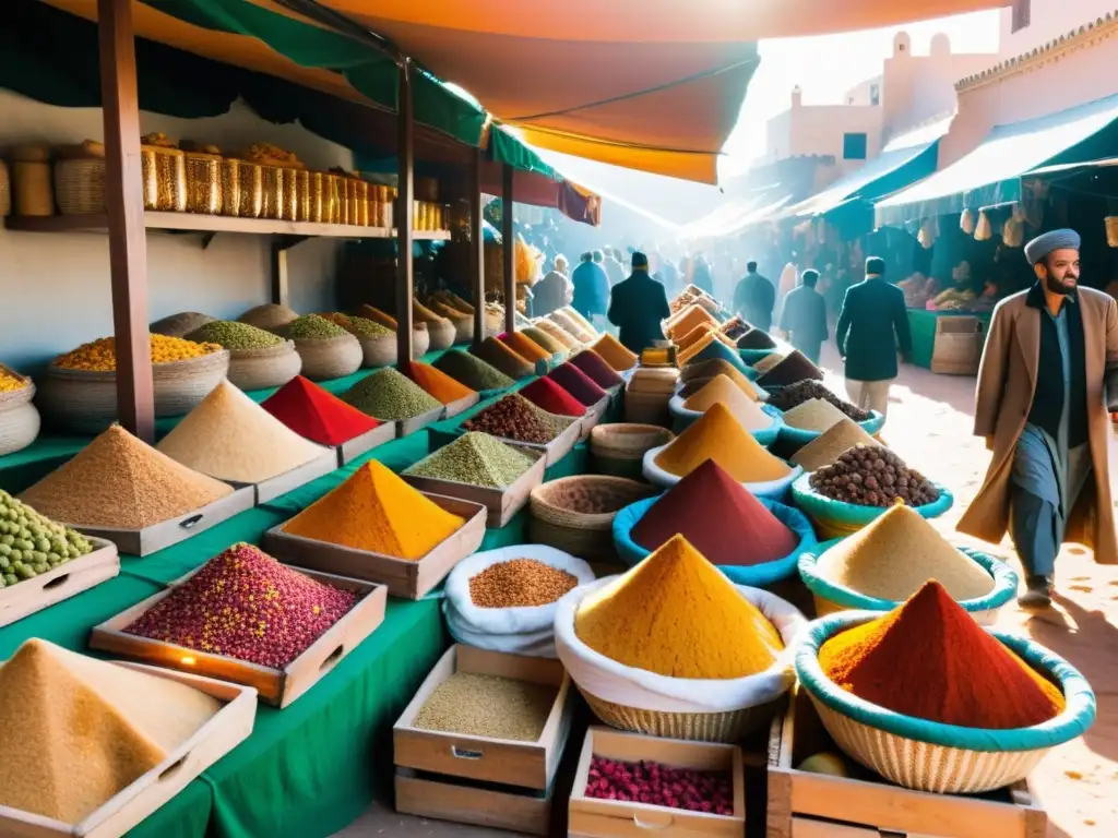 Mercado bullicioso en Marruecos con especias y productos coloridos