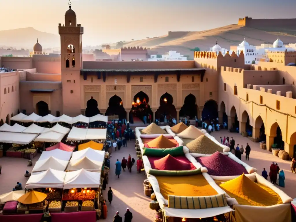 Mercado bullicioso en Marrakech, con especias, textiles coloridos y multitudes