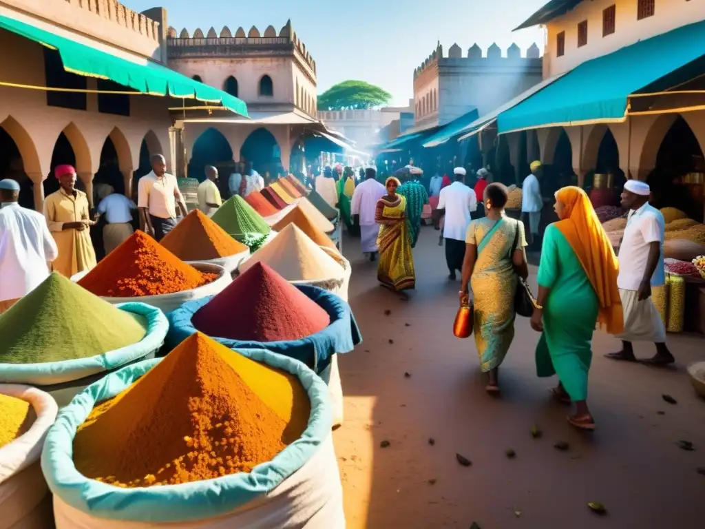 Mercado bullicioso de especias en Zanzíbar, con colores vibrantes y locales en trajes tradicionales, evocando la historia islámica de la región