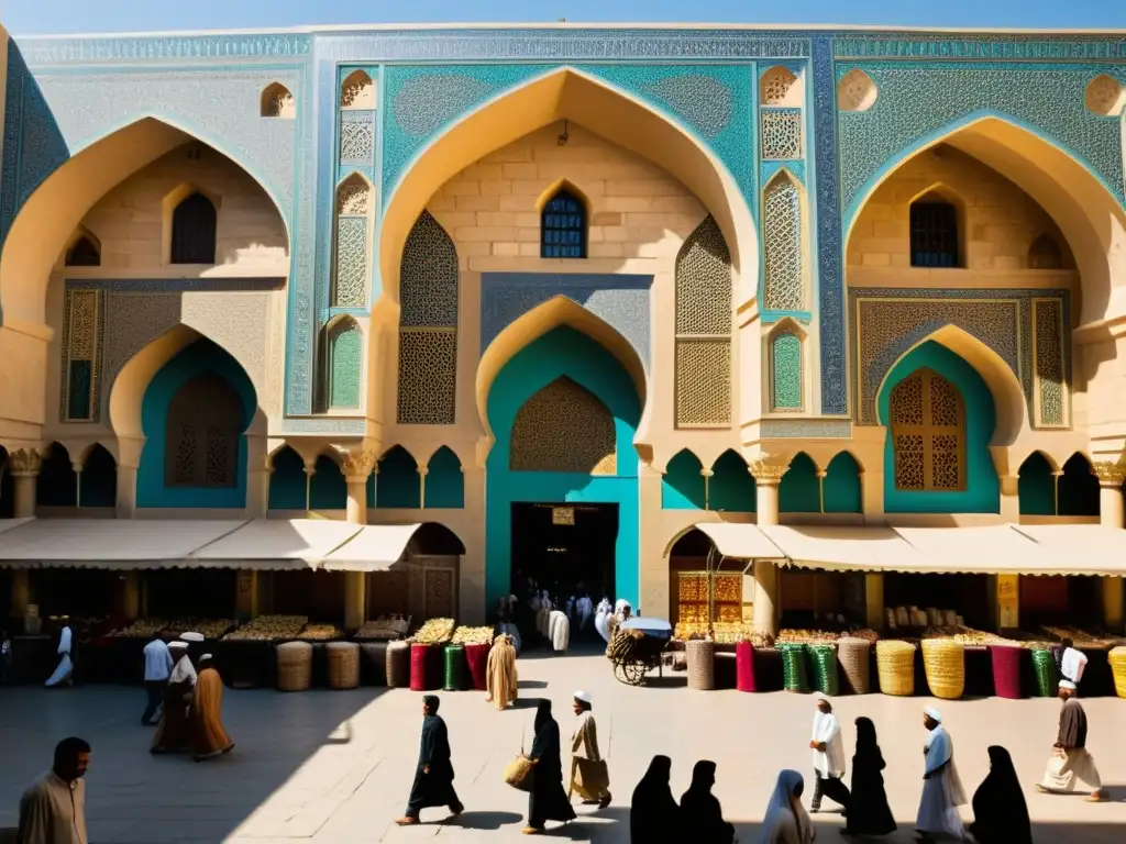 Mercado bullicioso en el esplendor de Bagdad en la expansión del Islam: una sinfonía de colores y texturas, con vendedores y arquitectura ornamental