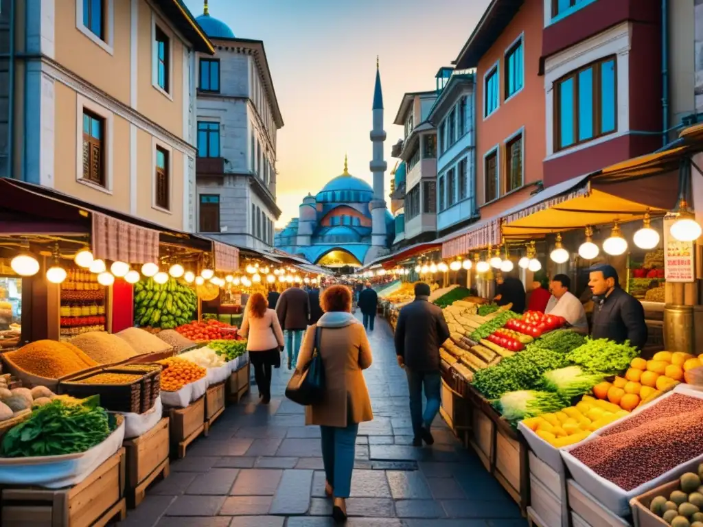 Un mercado bullicioso en Estambul, con puestos de colores, especias y comida callejera turca