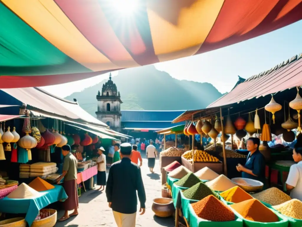 Un mercado bullicioso en Filipinas con influencia cultural del Islam, mezclando colores, arquitectura y productos locales