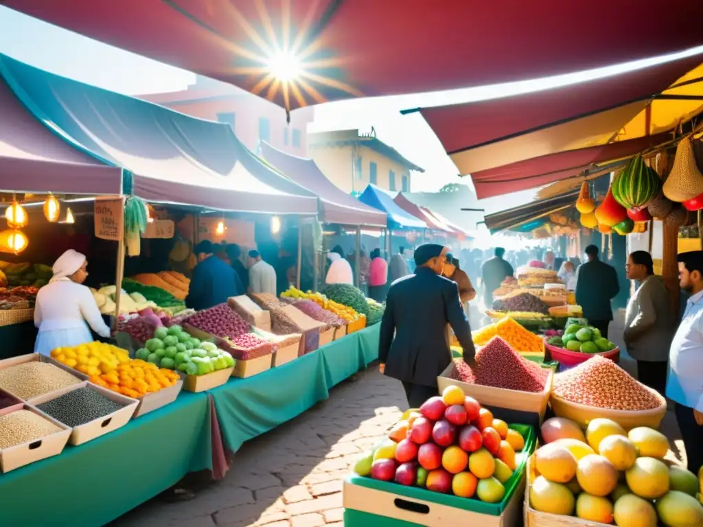 Un mercado bullicioso con frutas, especias y carne fresca con certificación Halal