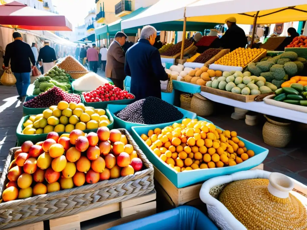 Mercado bullicioso en Cádiz, Andalucía, con frutas, verduras y especias coloridas en exhibición