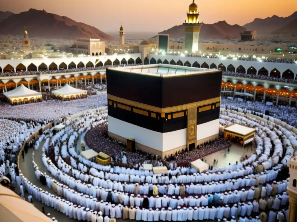 Peregrinación en Arabia Saudí: mercado bullicioso durante el Hajj, con comercio y la icónica Kaaba al atardecer