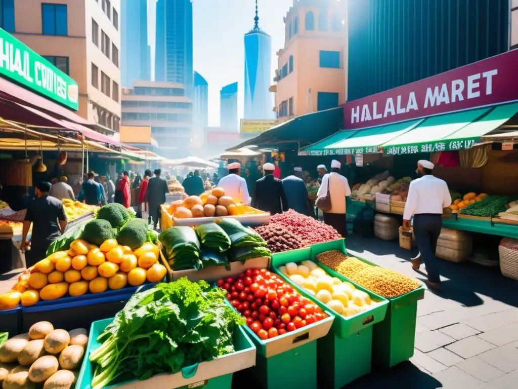 Mercado bullicioso halal en una ciudad vibrante, con vendedores de frutas, verduras y carnes halal