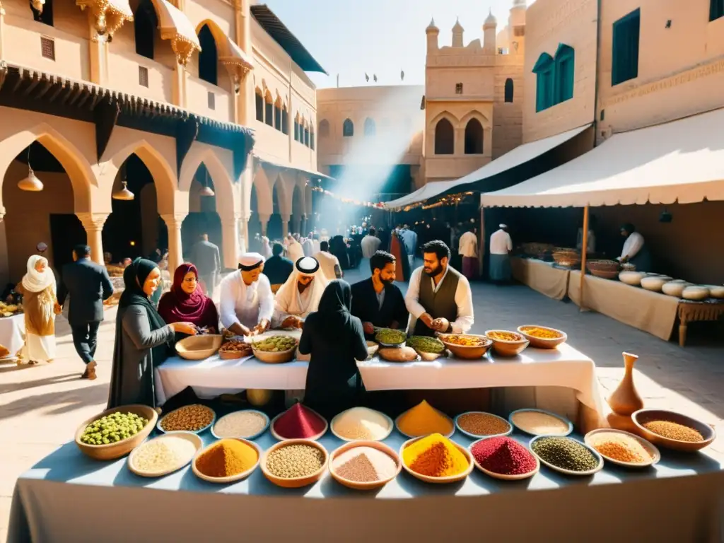 Un mercado bullicioso en una histórica ciudad del Medio Oriente, con arquitectura detallada y diversidad cultural