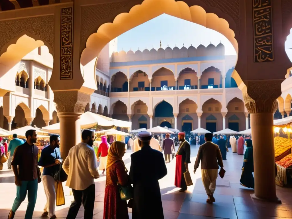 Un mercado bullicioso en una histórica ciudad islámica, con arquitectura intrincada, textiles vibrantes y gente participando en comercio animado