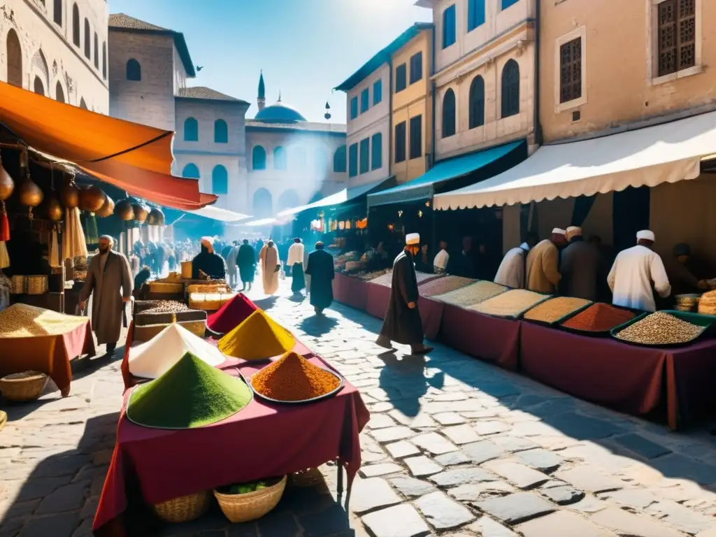 Mercado bullicioso del Imperio Otomano, con colores, comercio y convivencia religiosa, reflejo de la política religiosa en territorios islámicos