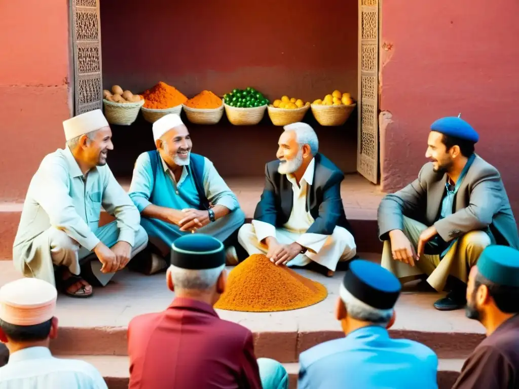 Mercado bullicioso en Marrakech, Marruecos, con jóvenes escuchando con respeto a los ancianos, reflejando el valor del respeto a los mayores en el mundo islámico