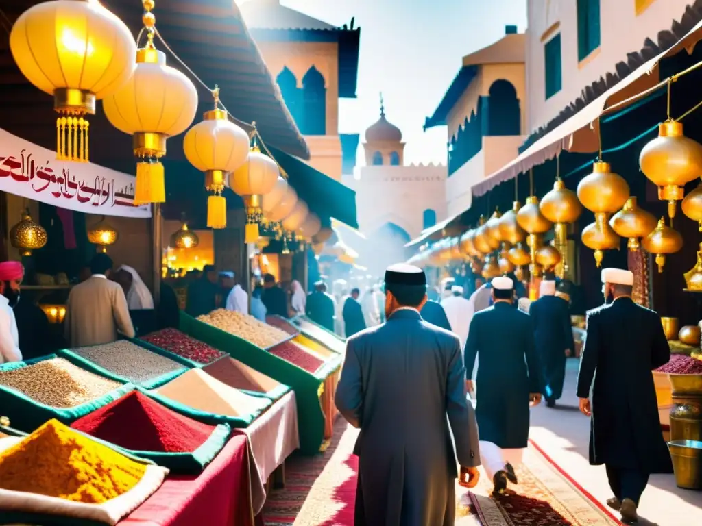 Mercado bullicioso en la Península Arábiga, con joyas ocultas del islam entre alfombras, lámparas doradas y especias coloridas