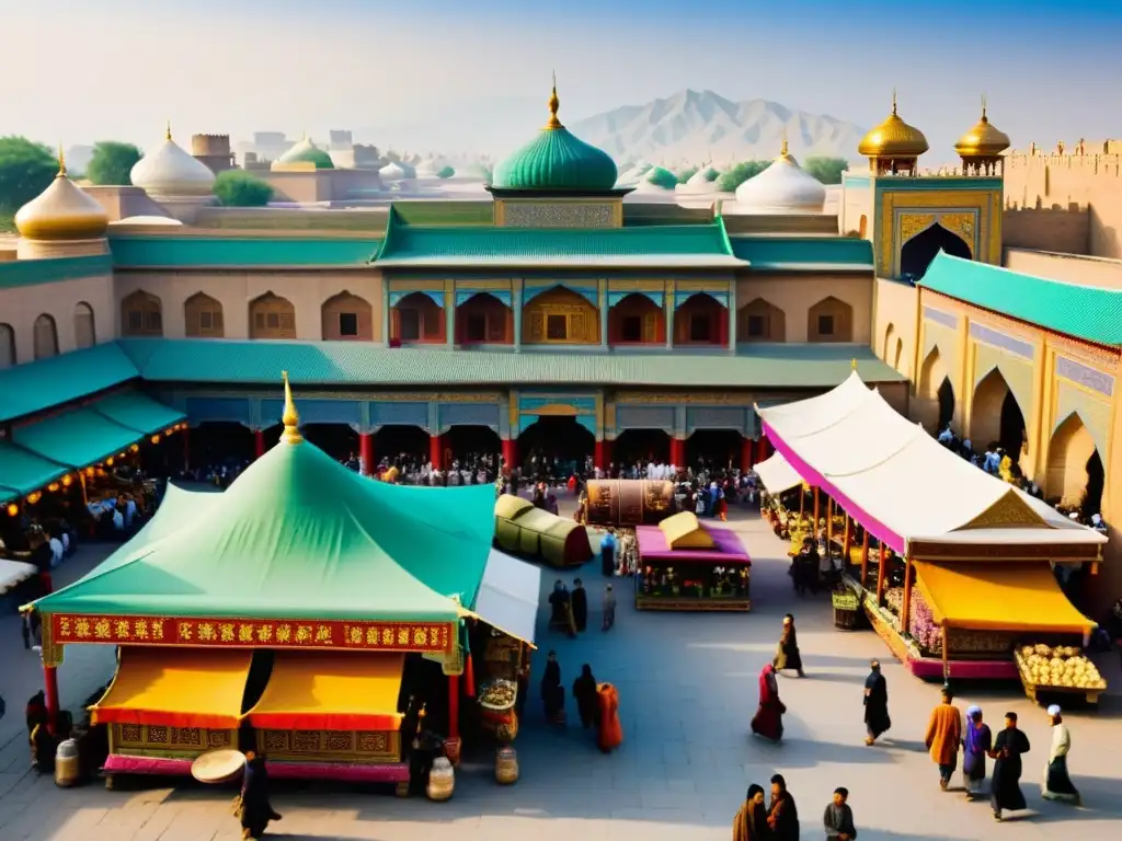 Un mercado bullicioso a lo largo de la Ruta de la Seda, con intercambios culturales, arquitectura islámica y colores vibrantes