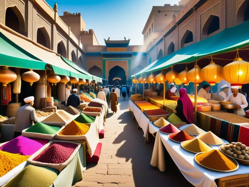 Un mercado bullicioso a lo largo de la Ruta de la Seda, con intercambios culturales, textiles vibrantes y especias, y arquitectura islámica