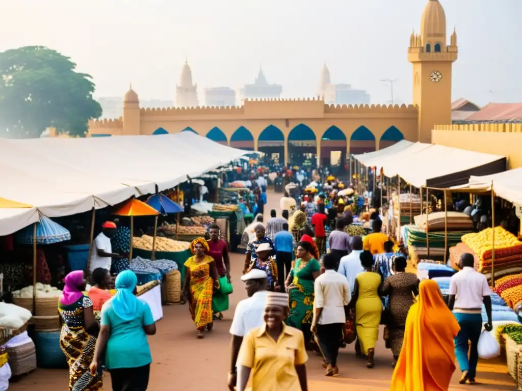 Un mercado bullicioso en Accra, Ghana, lleno de colores vibrantes y rostros diversos