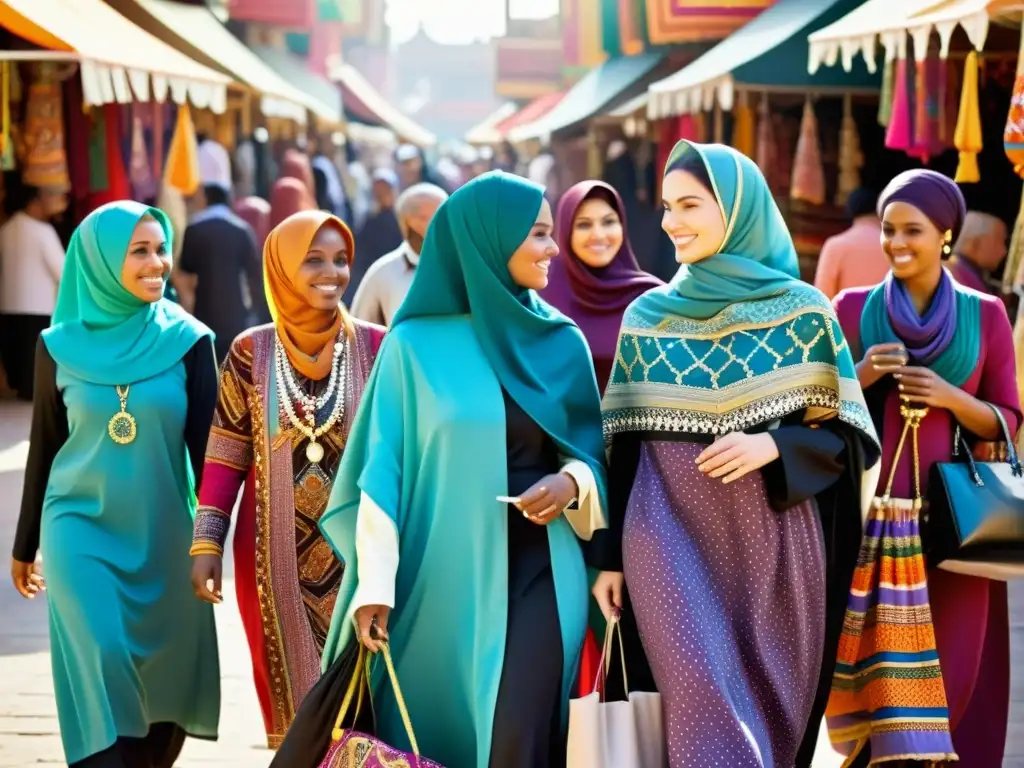 Un mercado bullicioso lleno de coloridas telas y joyas, donde mujeres con hijabs y abayas pasean entre una diversa multitud