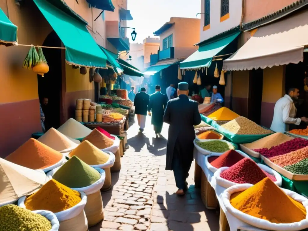 Mercado bullicioso en Marruecos, lleno de especias, hierbas y frutas exóticas