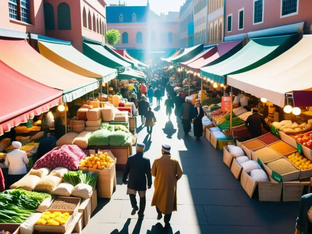 Mercado halal vibrante con productos y clientes diversos Un mercado bullicioso lleno de productos halal, clientes diversos y una atmósfera vibrante