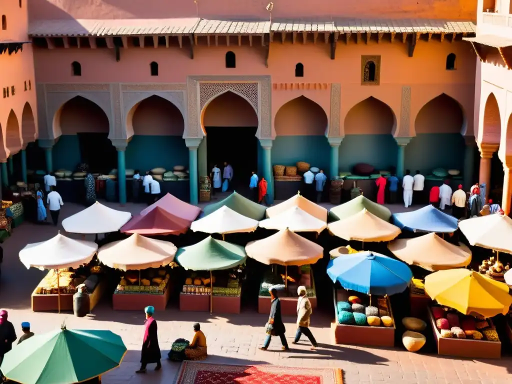 Un mercado bullicioso en Marrakech, Marruecos, lleno de textiles vibrantes, alfombras tradicionales y cerámica colorida