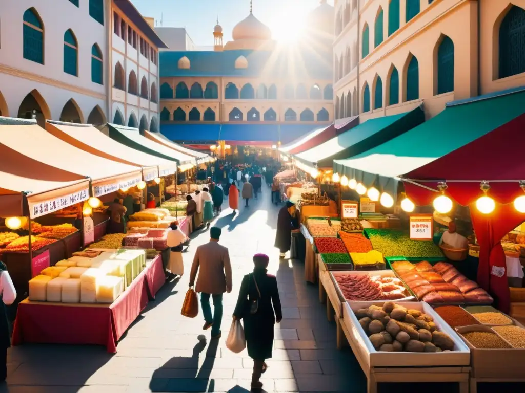 Mercado halal lleno de vida y color en el centro urbano Un mercado bullicioso lleno de vida y color, con puestos de productos halal